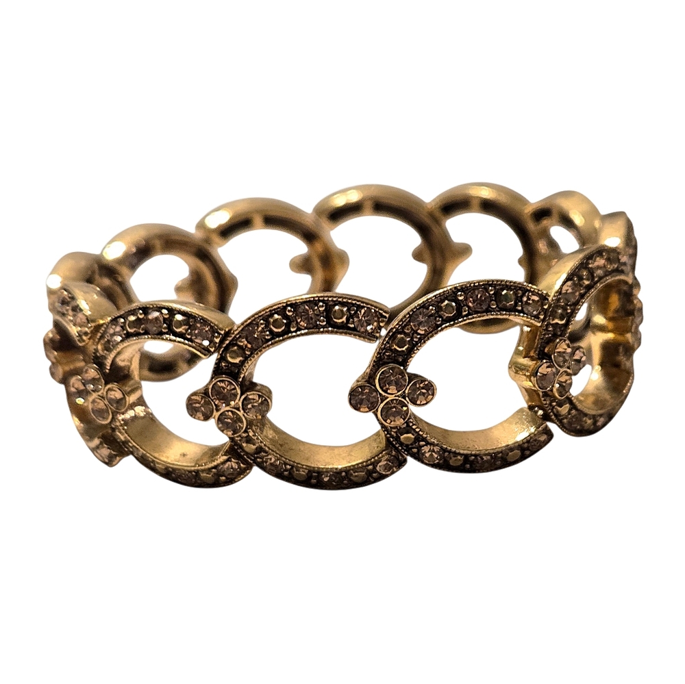 Monet Stamped Vintage Style Gold-tone & Rhinestone Stretch Statement Bracelet